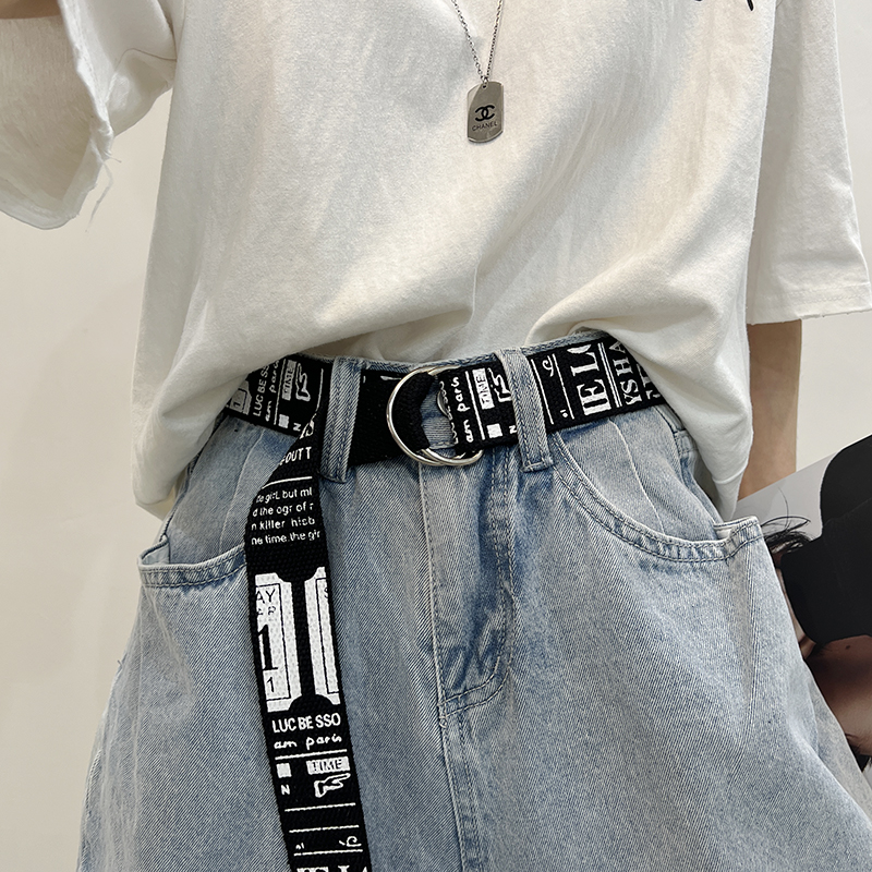 免打孔双环扣帆布腰带女时尚百搭女款皮带配牛仔裤装饰男裤带学生