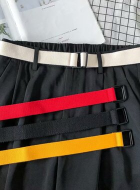 学生帆布腰带牛仔装饰双环扣皮带纯色男女通用时尚潮流编织裤腰带