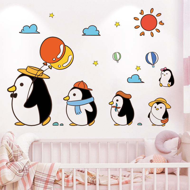 创意卡通企鹅贴画装饰大图案儿童房床头背景墙装饰墙纸自粘墙贴纸图片