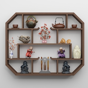 置物架墙上博古架实木中式多宝格子壁挂式茶叶茶壶多宝阁古董摆件
