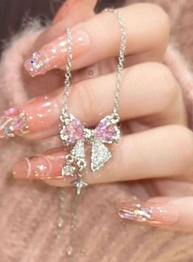 粉色星芒甜美少女蝴蝶结流苏项链