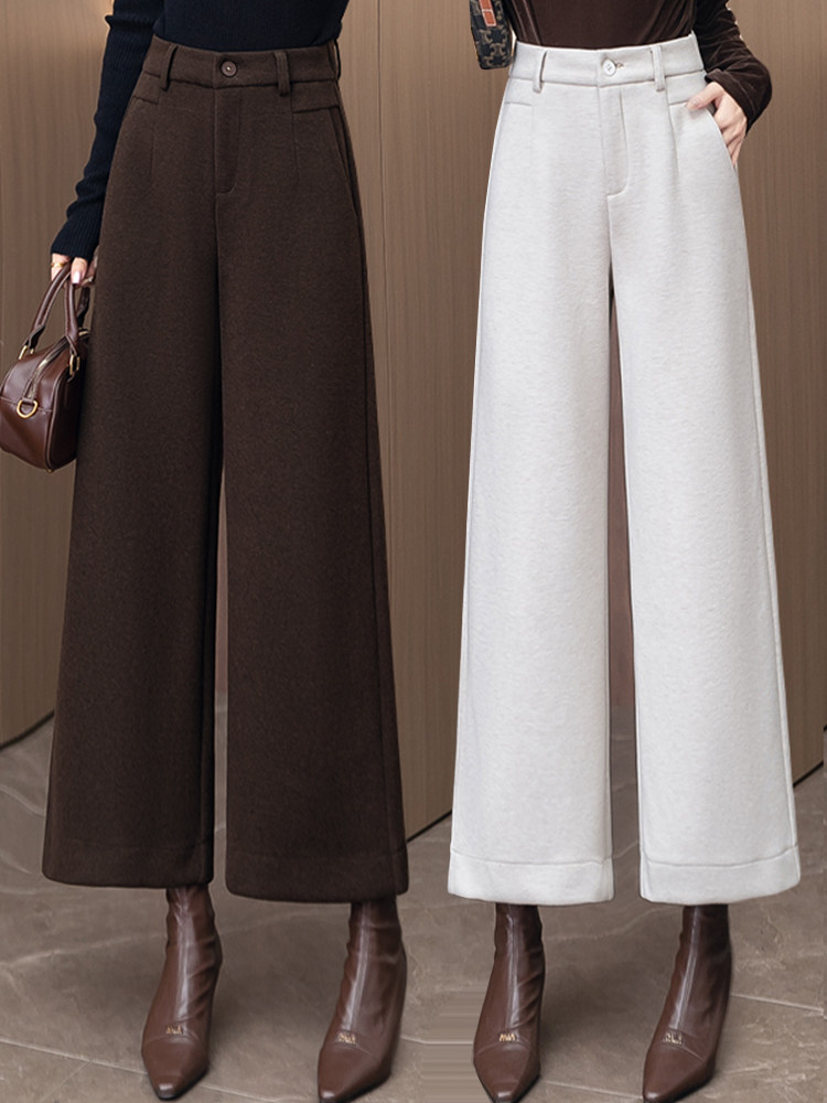 白色九分羊毛呢阔腿裤女2025秋冬季气质加厚宽松呢子裤直筒西装裤