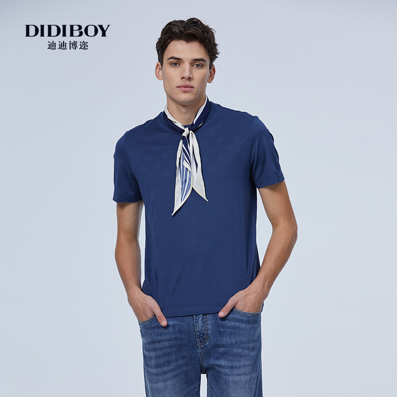 【66%羊毛】DIDIBOY2025春夏季新款男士深蓝色简约内搭短袖T恤衫