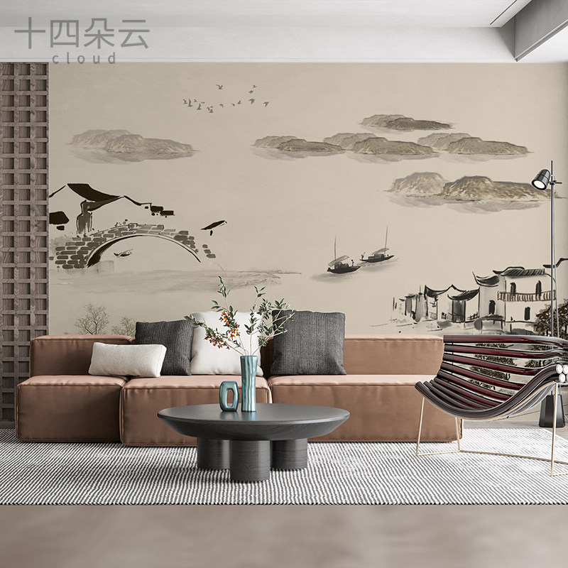 中式水墨壁画墙布山水江南水乡书房子客厅电视背景墙定制壁纸环保