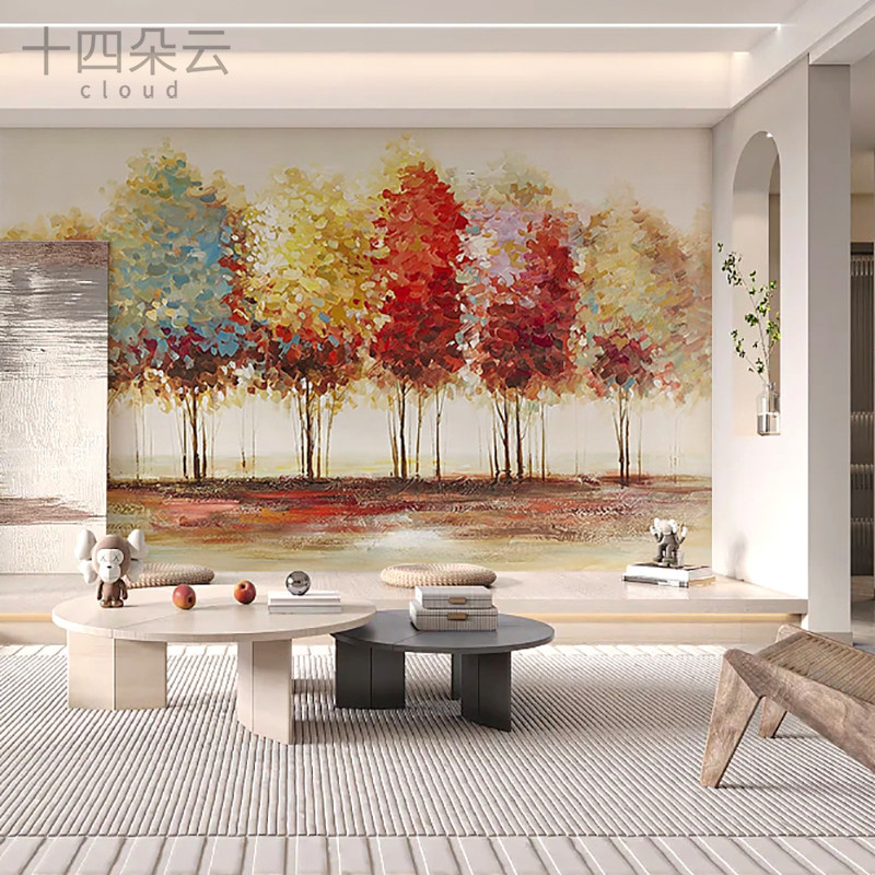 北欧式油画风景树林定制壁画客厅墙布墙纸电视背景墙壁纸画卧室