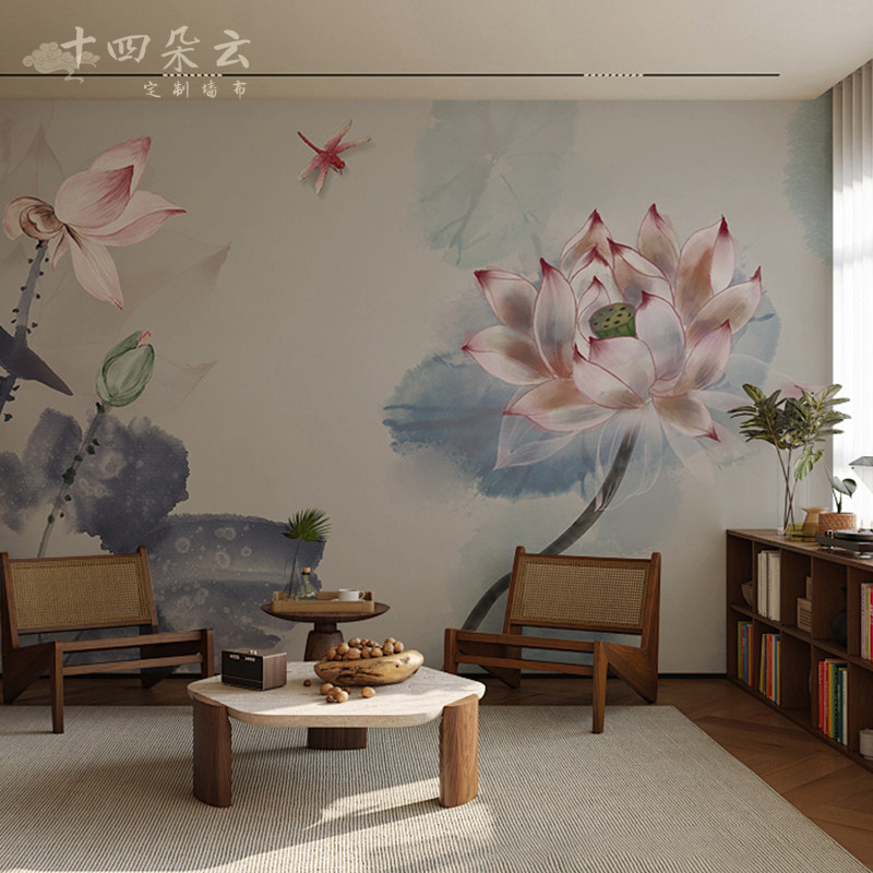 定制晕染荷叶莲花中式手绘沙发卧室壁纸电视背景墙壁画2024年新款