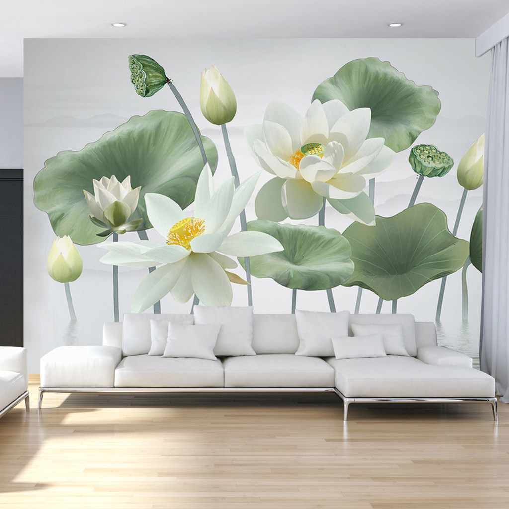 高清荷花定制壁画电脑手绘5d客厅电视背景墙无缝无纺布书房壁纸画