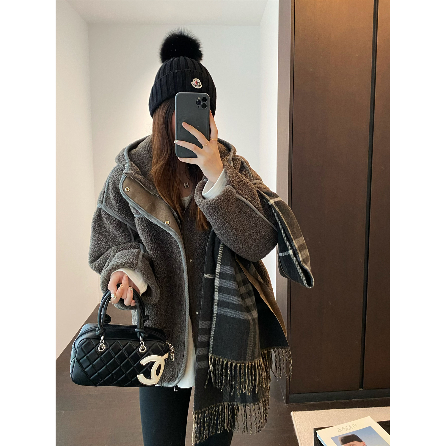 麂皮夹克连帽棉服软糯绒毛上衣女