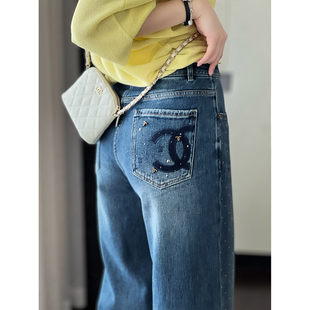 女 阔腿JEANS牛仔裤 奢侈高端大牌女装 星光烫钻重工刺绣加绒直筒裤