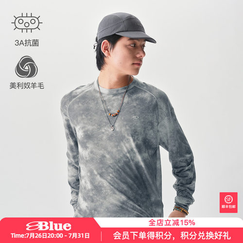 蓝岐BLUE MONTE超细羊毛扎染抗菌T恤户外徒步攀岩圆领长袖上衣男