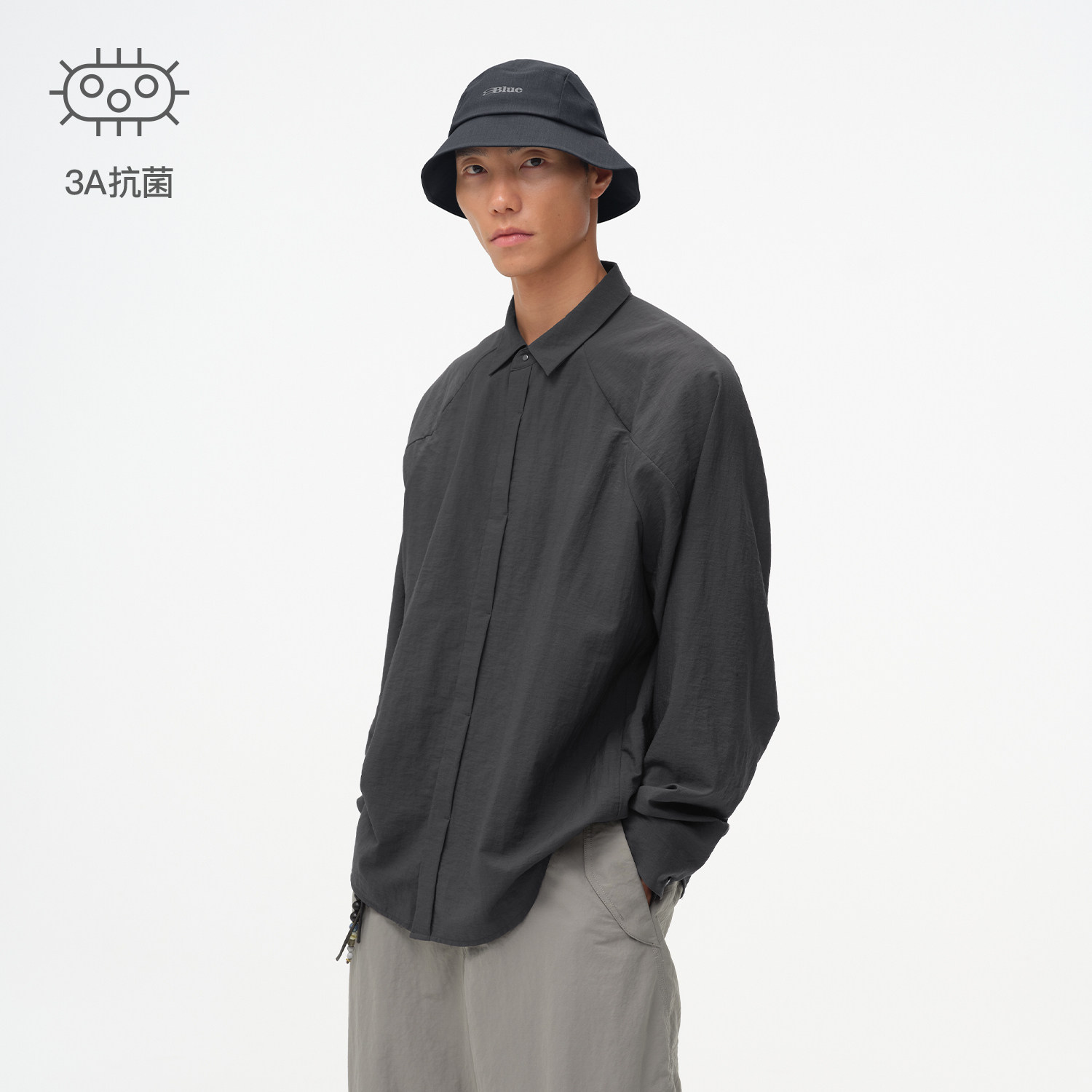 蓝岐羊毛打褶结构复古纯色长袖衬衣户外宽松休闲翻领抗菌衬衫男