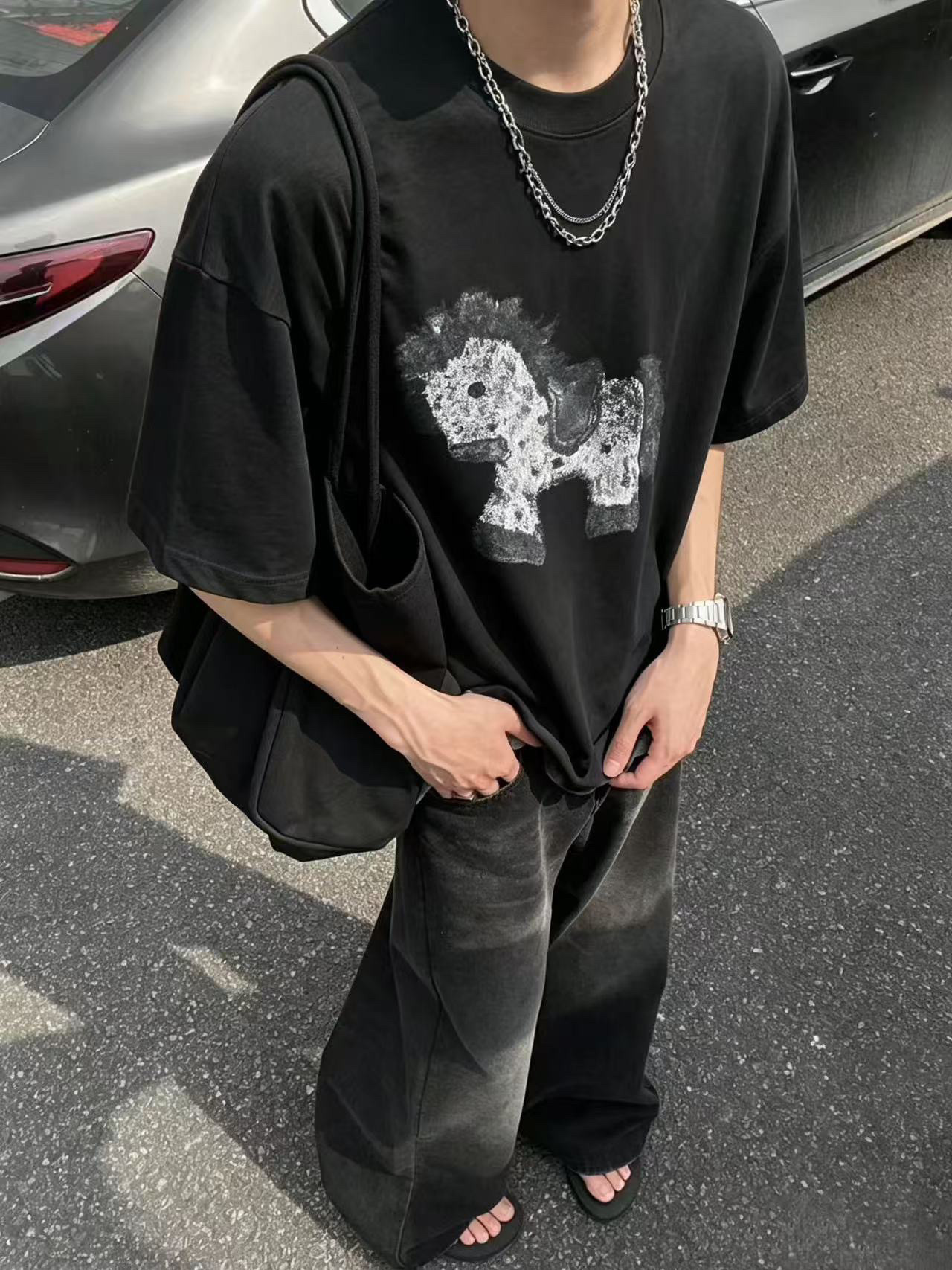 小众高街潮流时尚卡通小马印花纯棉质休闲宽松男女同款短袖T恤衫