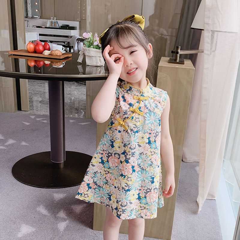 童装女裙子洋气小公主旗袍裙中国风碎花背心连衣裙女宝宝改良旗袍