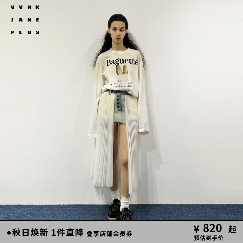 VVNK JANE PLUS2025春季新款复古法棍印花长袖T恤女J510557301B