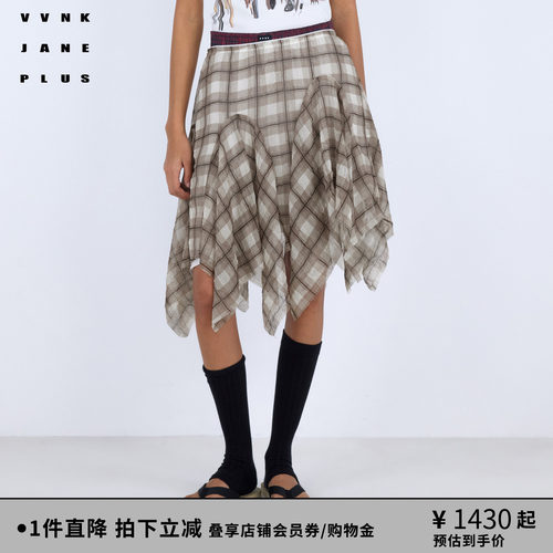 VVNK JANE PLUS2026春季新款不规则下摆格纹半身裙女J610775013B