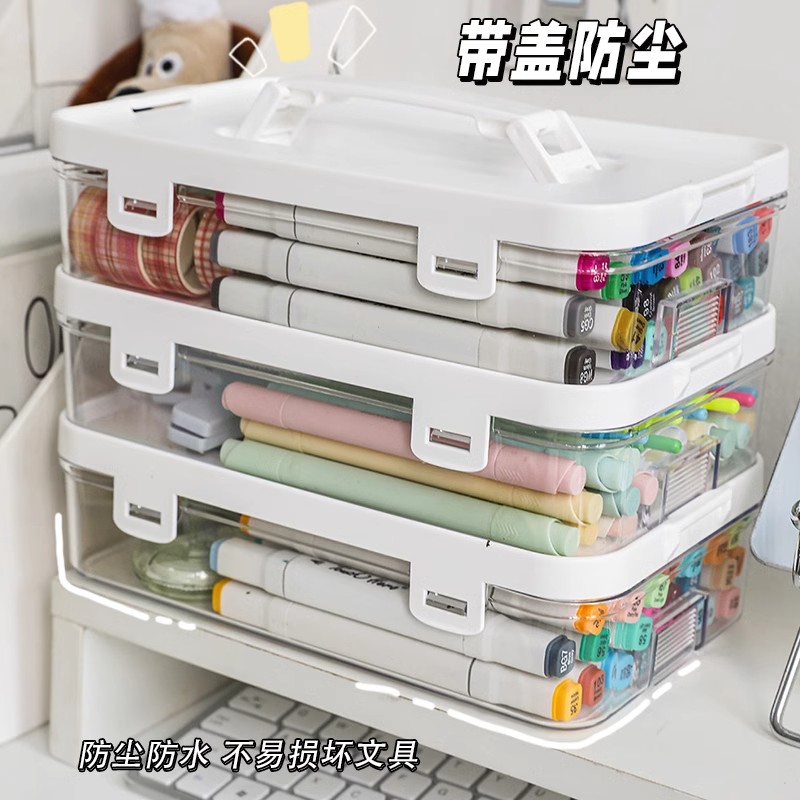 马克笔彩笔收纳盒学生书桌上的白色透明收纳盒整理小型置物架美术生工具箱儿童男孩女孩放笔的图片
