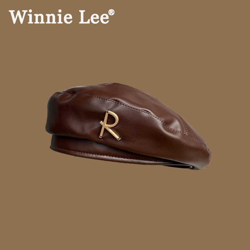 Winnie Lee日本设计师联名款pu皮质贝雷帽女秋冬复古棕色画家帽子