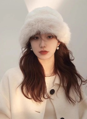 Monstar Lee日本设计师联名款白色毛绒渔夫帽子冬季保暖护耳盆帽