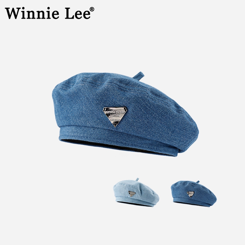 WinnieLee牛仔蓝色贝雷帽女春秋