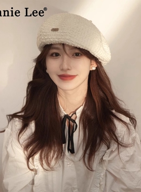 Winnie Lee日本设计师联名款白色贝雷帽女冬大头围显脸小画家帽子