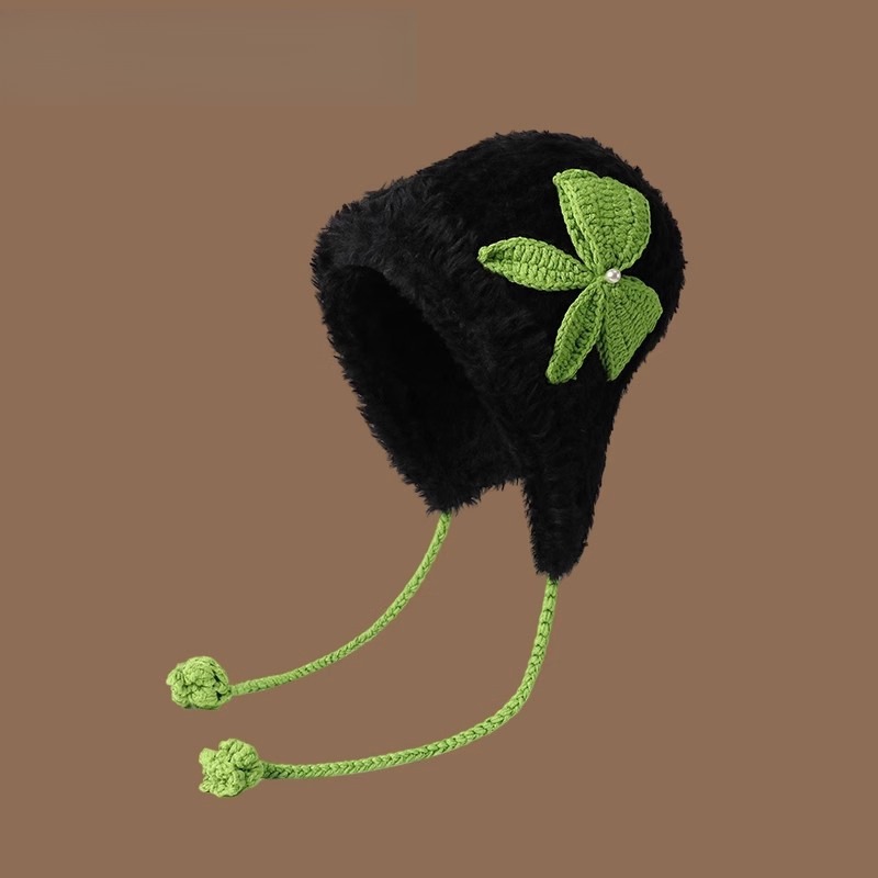 Monstar Lee日本设计师联名款蝴蝶结毛绒辫子帽子女冬保暖针织帽