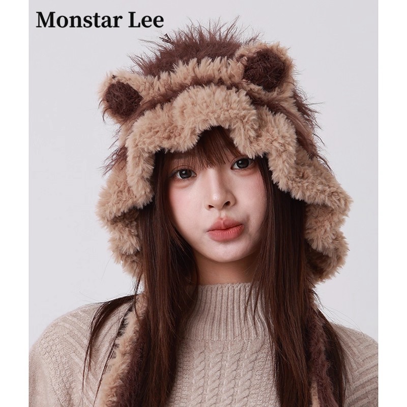 Monstar Lee日本设计师联名款毛绒小熊帽子冬季大头围针织帽保暖