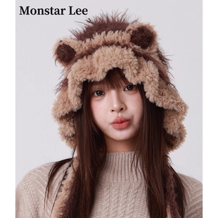 Monstar Lee日本设计师联名款毛绒小熊帽子冬季大头围针织帽保暖