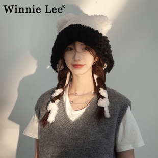 Winnie Lee日本设计师联名款小熊耳朵帽子毛绒绒针织帽护耳毛线帽