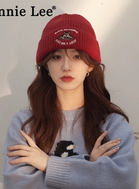 Winnie Lee日本设计师联名款红色毛线帽女大头围刺绣冷帽针织帽子