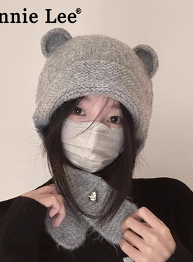 Winnie Lee日本设计师联名款毛线帽子女可爱小熊护耳保暖针织围巾