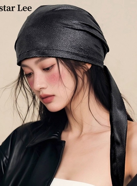 Monstar Lee日本设计师联名款皮质头巾绑发方巾嘻哈辣妹帽子薄款
