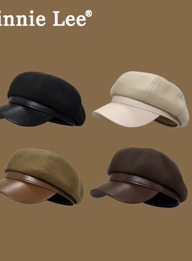 Winnie Lee日本设计师联名款贝雷帽子大头围pu皮质鸭舌八角帽复古