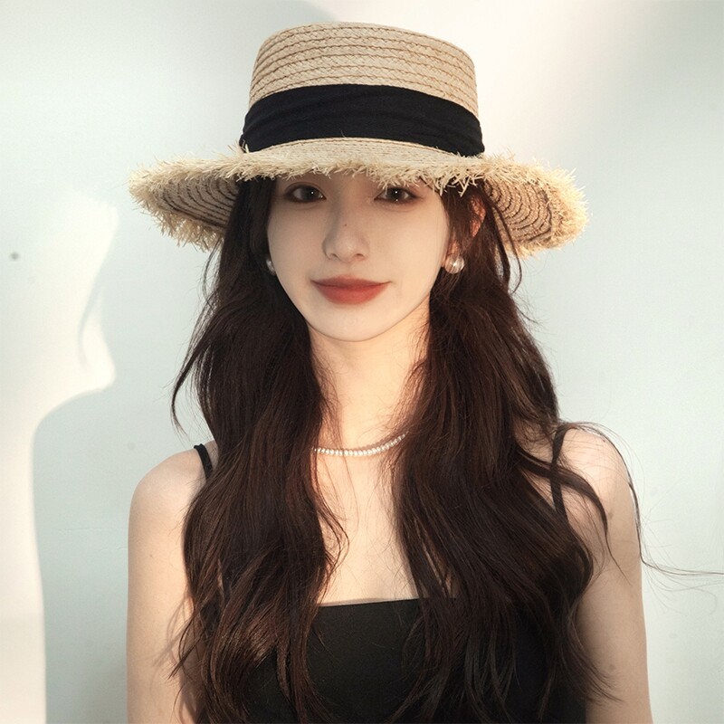 Monstar Lee日本设计师联名款蝴蝶结飘带草帽夏平顶编织防晒帽子