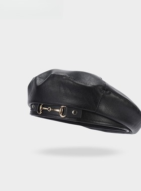 Monstar Lee日本设计师联名款PU皮质贝雷帽女冬季画家帽子大头围