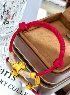 金店同款古法沙金钱币马福牌红绳手串 生肖马本命年手工编织手链