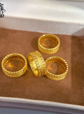 古法沙金复古铜钱花丝戒指腰缠万贯镂空钱币指环新中式保色戒指