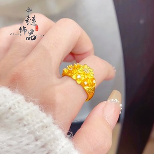 金店同款古法沙金镶钻繁花似锦开口戒指 3D立体雕花繁花锦簇戒指