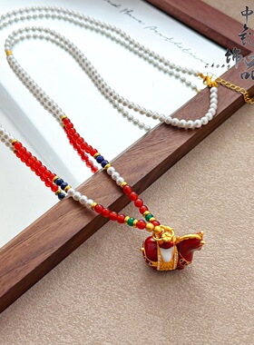 金店同款珐琅彩红色唐马吊坠 新中式国风马上有钱小马diy珍珠项链