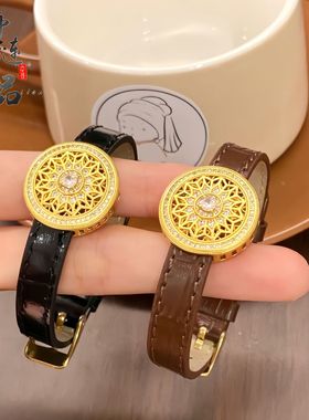 金店同款古法沙金镶钻太阳花表盘diy配件配皮表带送女友节日礼物