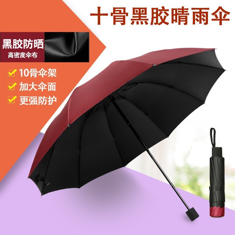 雨伞十骨手动雨伞加大商务黑胶晴雨伞三折伞防嗮折叠太阳伞图片