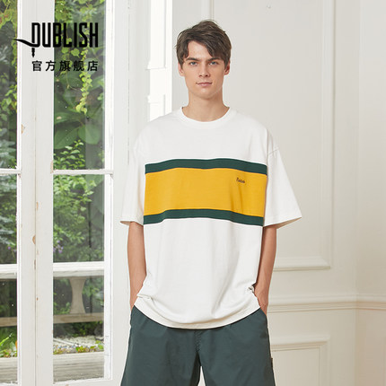 Publish Block Tee 22新款高级美式拼色条纹T恤潮牌宽松水洗短袖