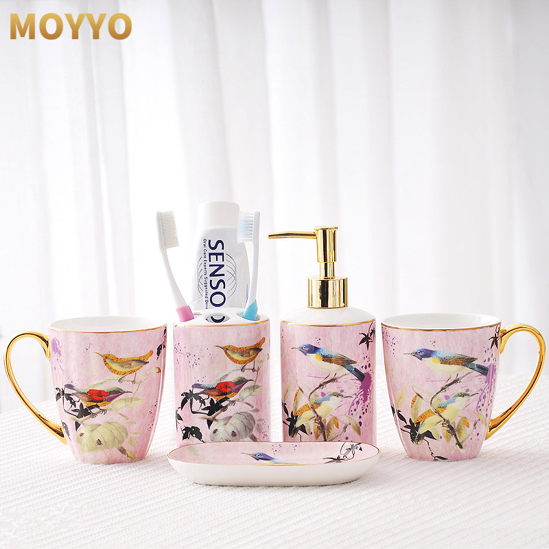 moyyo欧式卫浴牙刷架套装5件套骨瓷牙刷杯牙膏架浴室用品组合套具