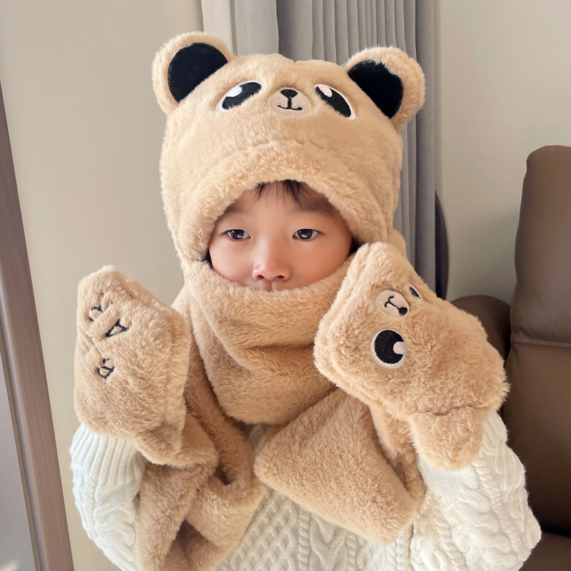 毛绒帽子围巾手套三件套一体套装