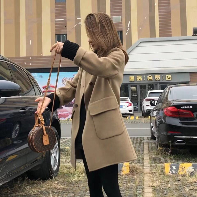 双面羊绒大衣女中长款流行加厚小个子卡其色羊毛口袋直筒毛呢外套