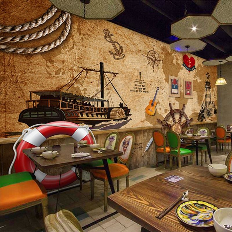 海盗壁纸海洋风酒吧主题海鲜餐厅装修藏宝图地图加勒比海盗船墙纸
