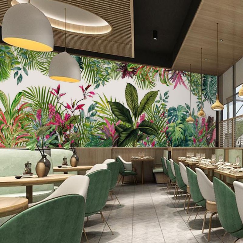 东南亚风格热带雨林植物墙纸芭蕉叶3d壁画墙布绿植背景布森林壁纸