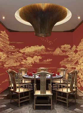 新中式红色线描阁楼墙纸楼阁建筑壁布酒店饭店唐风壁画滕王阁壁纸