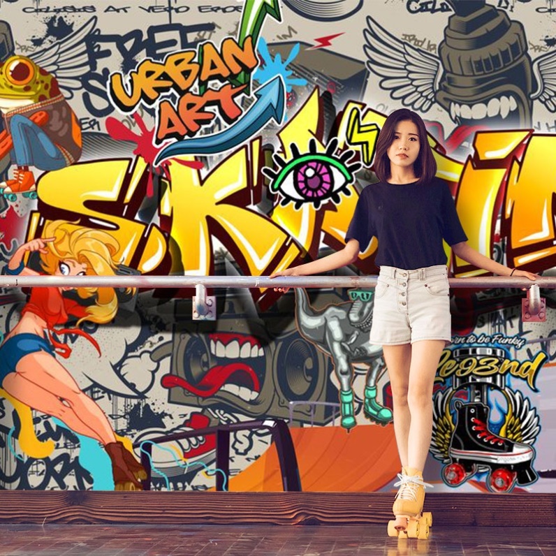 街头嘻哈涂鸦壁纸健身房背景墙绘美式壁画个性舞蹈室教室街舞壁纸