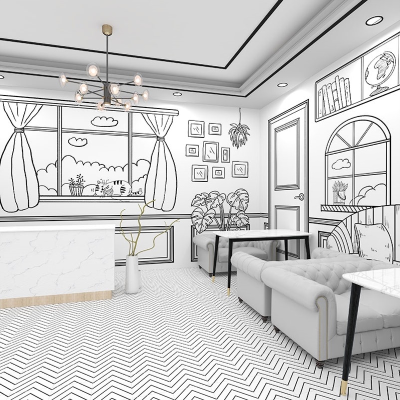 二次元黑白漫画风格装修壁纸猫咖房间奶茶店网红拍照书吧壁纸