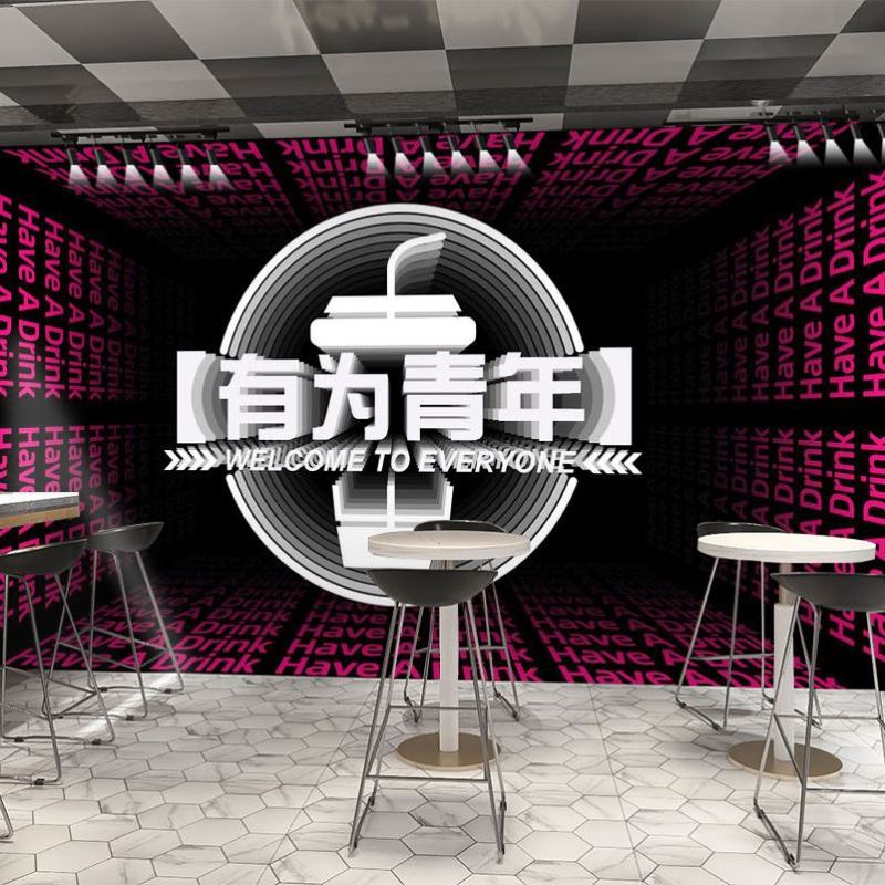 网红潮语文字壁纸3d立体仿霓虹灯酒吧墙布工业风奶茶店餐厅背景墙